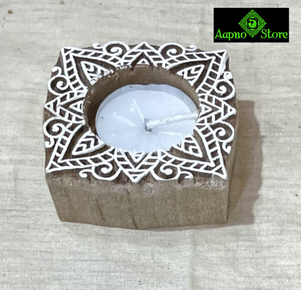 0476CRH- WOODEN BLOCK PRINT TEA LIGHT ( SET OF 4 )