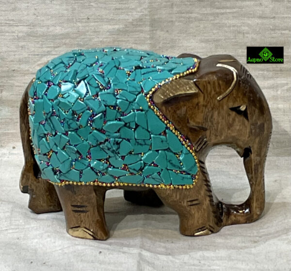 0498CRH- WOODEN ELEPHANT WITH TURQUISE STONE HAND CARVED