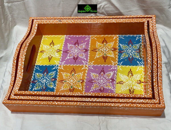 0334CRH- WOODEN TRAY MULTICOLOUR ( SET OF 3 )